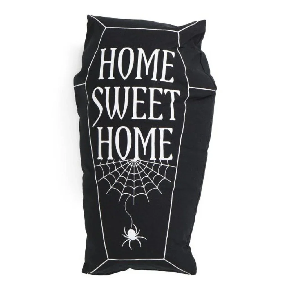 THRO Home Sweet Home Black Coffin Throw Pillow 9x20 Inch Spider Web Halloween - Picture 1 of 3